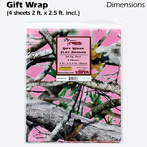 Havercamp Pink Camo Gift Wrapping Kit! This Deluxe set includes: 1 Lg. Pack of Wrapping Paper (20 sq. feet), 3 (5”) Gift Bows, 1 (8”) Gift Bow, and 20 Yards of Ribbon.