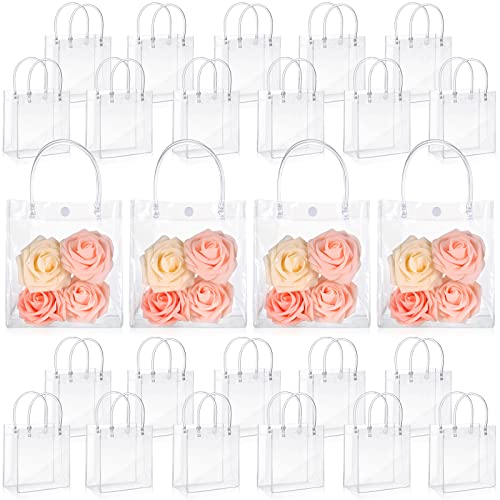 Clear PVC Gift Bags with Handles 5.9 x 6.3 x 2.8 Inch Transparent Gift Bags Plastic Reusable Gift Bag Shopping Wedding Clear Goodie Bags Clear Candy Bags Totes for School Birthday Party (50 Pcs)