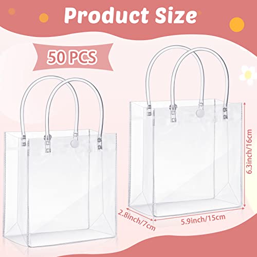 Clear PVC Gift Bags with Handles 5.9 x 6.3 x 2.8 Inch Transparent Gift Bags Plastic Reusable Gift Bag Shopping Wedding Clear Goodie Bags Clear Candy Bags Totes for School Birthday Party (50 Pcs)