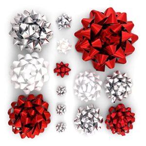 extra large red and silver bow assortment for gift wrapping with bonus jewelry bows, 14 pre-formed bows that come exactly as pictured (9”, 6.5”, 4.5”, 2.3”, 1.3”) made in usa