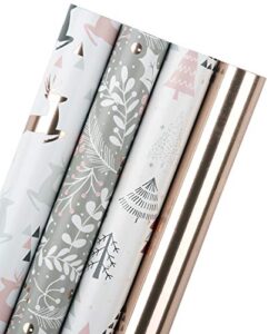 wrapaholic christmas wrapping paper roll – rose gold and grey holiday design with metallic foil shine – 4 rolls – 30 inch x 120 inch per roll