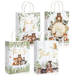 anydesign 24 pack woodland thank you gift paper bags with handles bulk 4 design woodland baby shower party favor bags for birthday wedding baby shower party supplies decoration, 5.9 x 8.3 x 3.1 inch