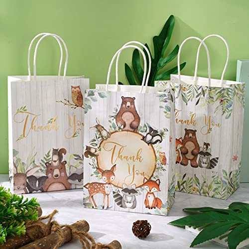 AnyDesign 24 Pack Woodland Thank You Gift Paper Bags with Handles Bulk 4 Design Woodland Baby Shower Party Favor Bags for Birthday Wedding Baby Shower Party Supplies Decoration, 5.9 x 8.3 x 3.1 Inch