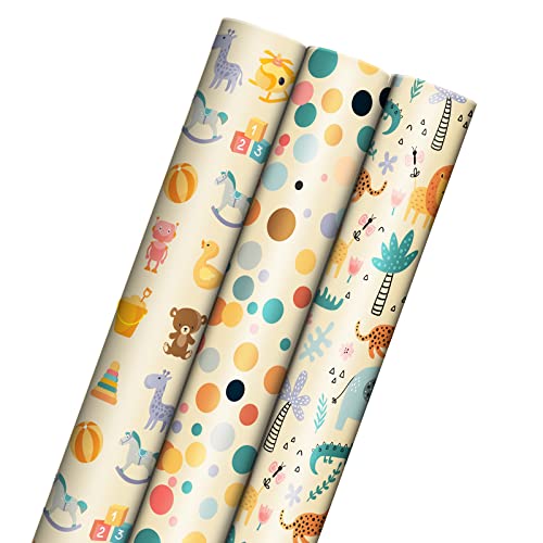 ECO-SOLUTIONS Recycled Kraft Children's Birthday Wrapping Paper (3 rolls, 75 sq. ft total)