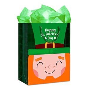 sicohome st patricks day gift bag 11.5″x 9″ green buffalo plaid gift bags with tissue paper, happy st.patricks gift wrapping bags for kids classroom party favor supplies