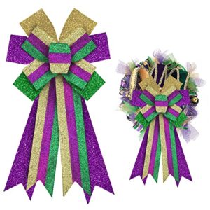 alibbon large mardi gras bows for wreaths, mardi gras wreath bows, glitter purple green gold bows, stripe bows for front door, mardi gras decorations bows for mardi gras carnival indoor outdoor decor