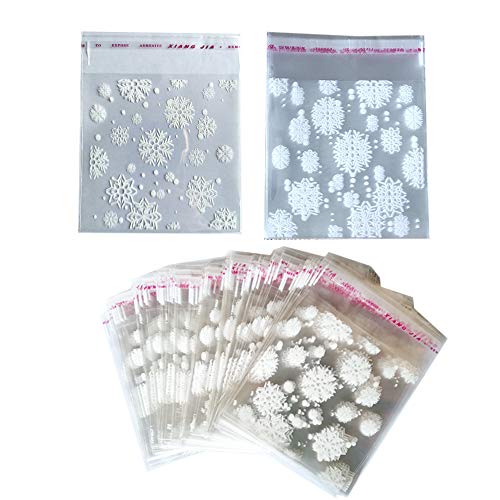 200 PCS White Snowflake Cellophane Bags Clear Self Sealing 4x5 Christmas Plastic Bags for Candy Goodie Cookie Bakery Holiday Party Supplies by Baryuefull