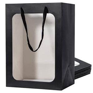 sdootjewelry 10pcs black gift bag with transparent window, 13.8”×7.1”×9.8” window gift bags with handles, flower bags for bouquets, kraft paper gift bags for party wedding shopping retail
