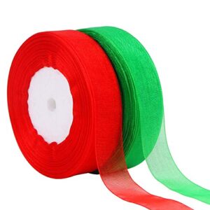 decyool 2 rolls 100 yards christmas ribbons organza holiday festival ribbons 0.8″ wide for gift wrapping decoration, red & green