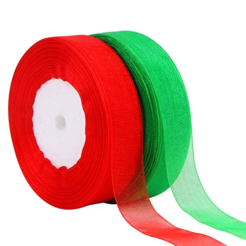 DECYOOL 2 Rolls 100 Yards Christmas Ribbons Organza Holiday Festival Ribbons 0.8" Wide for Gift Wrapping Decoration, Red & Green