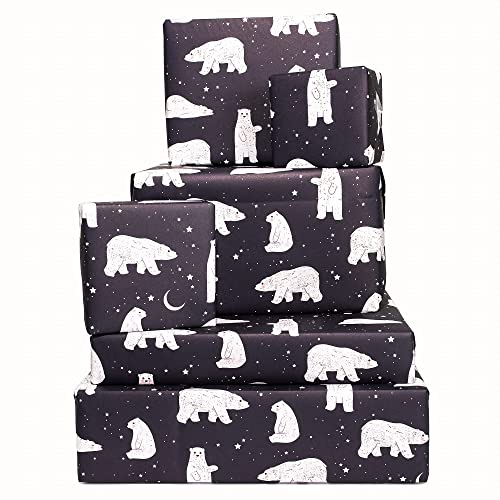 CENTRAL 23 Black Wrapping Paper Christmas - Kids Christmas Wrapping Paper - (6x) Holiday Gift Wrap Sheets - Polar Bears - For Boys and Girls - Comes With Fun Stickers - Recyclable