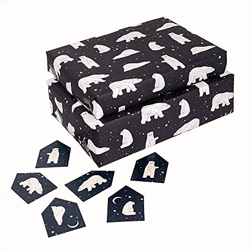 CENTRAL 23 Black Wrapping Paper Christmas - Kids Christmas Wrapping Paper - (6x) Holiday Gift Wrap Sheets - Polar Bears - For Boys and Girls - Comes With Fun Stickers - Recyclable