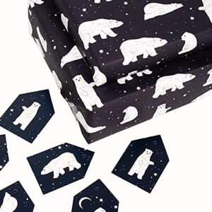 CENTRAL 23 Black Wrapping Paper Christmas - Kids Christmas Wrapping Paper - (6x) Holiday Gift Wrap Sheets - Polar Bears - For Boys and Girls - Comes With Fun Stickers - Recyclable