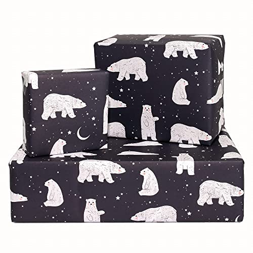 CENTRAL 23 Black Wrapping Paper Christmas - Kids Christmas Wrapping Paper - (6x) Holiday Gift Wrap Sheets - Polar Bears - For Boys and Girls - Comes With Fun Stickers - Recyclable