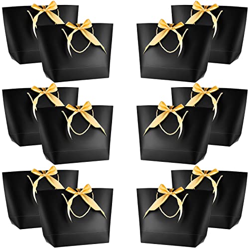 12 Pcs Large Gift Bags with Handles, 14 x 10 x 4 inches Party Favor Bag with Bow Ribbon Bridesmaid Gift Bag Wedding Welcome Bag Gift Bags for Wedding Party Birthday Holiday Celebrations(Black)