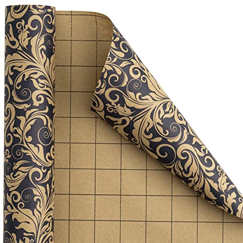 RUSPEPA Kraft Wrapping Paper Roll - Navy Floral Pattern Great for Birthday, Party, Wedding - 17 Inches X 32.8 Feet