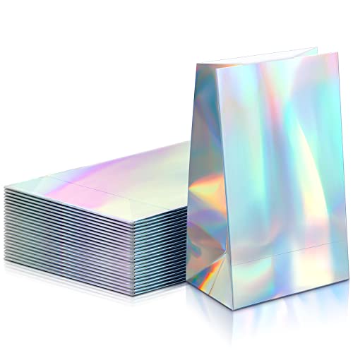 24 Packs 9 x 5 x 3 Inch Holographic Foil Paper Gift Bags Iridescent Party Supplies Iridescent Gift Bags Iridescent Party Bags Iridescent Treat Bags for Kids Baby Shower Wedding Holiday Birthday Party