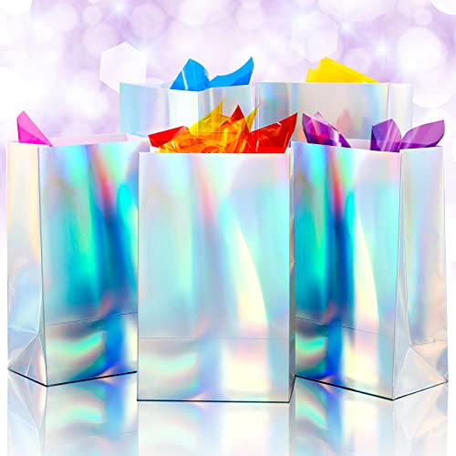 24 Packs 9 x 5 x 3 Inch Holographic Foil Paper Gift Bags Iridescent Party Supplies Iridescent Gift Bags Iridescent Party Bags Iridescent Treat Bags for Kids Baby Shower Wedding Holiday Birthday Party