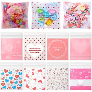 400 pcs valentine cookie bags self adhesive clear cellophane bags goody bags treat bags candy favor bags resealable heart bags for valentines day party favors, 4 x 4 inch