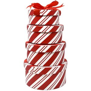 Christmas Round Nesting Gift Boxes 4 Pack Red and White Candy Cane Design Christmas Stacked Cookie Box with Lids in 4 Assorted Sizes for Gift Giving Holiday Treats Decorative Gifts Present Wrapping