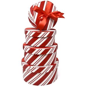 Christmas Round Nesting Gift Boxes 4 Pack Red and White Candy Cane Design Christmas Stacked Cookie Box with Lids in 4 Assorted Sizes for Gift Giving Holiday Treats Decorative Gifts Present Wrapping