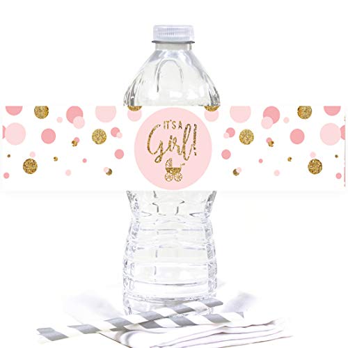 Andaz Press Blush Pink Gold Glitter Girl Baby Shower Party Collection, Water Bottle Label Stickers, 20-Pack