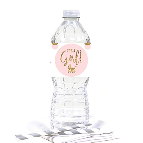 Andaz Press Blush Pink Gold Glitter Girl Baby Shower Party Collection, Water Bottle Label Stickers, 20-Pack