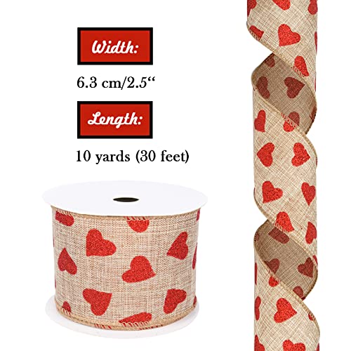 Gift Ribbon, Curling Ribbon Wired for Gift Wrapping, 2.5" 10 Yards Burlap Heart Pattern, Gift Wrap Ribbon for Bows Bridal Wedding Anniversary Ceremony Decorations