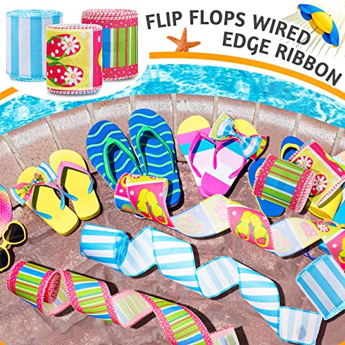 3 Rolls 18 Yards Summer Decorations Ribbon Flip Flop Wired Ribbon Polka Dot Stripe Burlap Ribbons Wired for Summer Wreath Bow DIY Craft Wrapping, 2.5 Inch