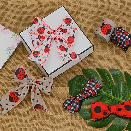 5 Rolls 2.5 Inch x 30Yards Ladybugs Canvas Ribbons Lady Bug Wire Edged Wrapping Ribbon Red Polka Dot Wired Edge Ribbon Grosgrain Red Dot Craft Ribbon for Crafting Wrapping Party Decoration