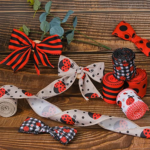 5 Rolls 2.5 Inch x 30Yards Ladybugs Canvas Ribbons Lady Bug Wire Edged Wrapping Ribbon Red Polka Dot Wired Edge Ribbon Grosgrain Red Dot Craft Ribbon for Crafting Wrapping Party Decoration