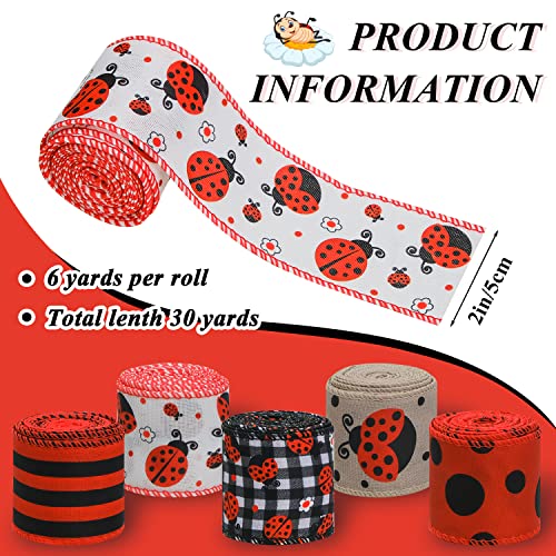 5 Rolls 2.5 Inch x 30Yards Ladybugs Canvas Ribbons Lady Bug Wire Edged Wrapping Ribbon Red Polka Dot Wired Edge Ribbon Grosgrain Red Dot Craft Ribbon for Crafting Wrapping Party Decoration