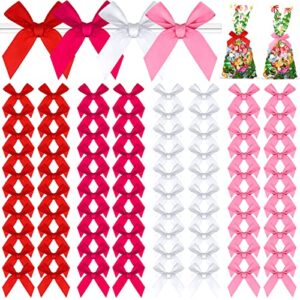 120 pcs easter twist bow satin twist tie bows fabric bows for crafts polyester craft bows decorating ribbon bows gift wrap bows for candy bags decoration (rose red, pink, red, white)