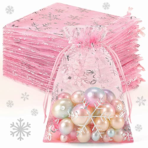 Roowest 100 Pcs Pink Christmas Snowflake Organza Gift Bags 4 x 6 Inch Small Mesh Jewelry Pouches Mini Drawstring Candy Bags Goody Bag Organza Favor Bags for Christmas, Winter Party, Jewelry, Festival