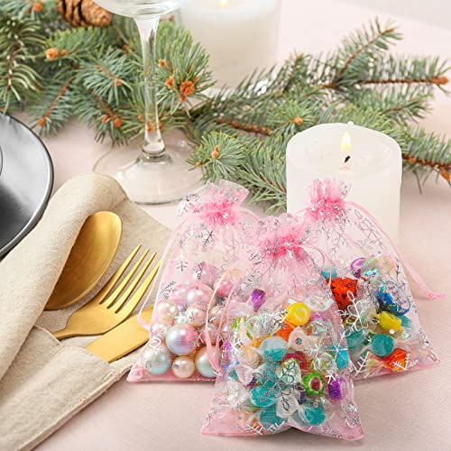 Roowest 100 Pcs Pink Christmas Snowflake Organza Gift Bags 4 x 6 Inch Small Mesh Jewelry Pouches Mini Drawstring Candy Bags Goody Bag Organza Favor Bags for Christmas, Winter Party, Jewelry, Festival