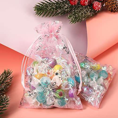 Roowest 100 Pcs Pink Christmas Snowflake Organza Gift Bags 4 x 6 Inch Small Mesh Jewelry Pouches Mini Drawstring Candy Bags Goody Bag Organza Favor Bags for Christmas, Winter Party, Jewelry, Festival