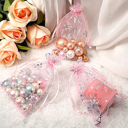 Roowest 100 Pcs Pink Christmas Snowflake Organza Gift Bags 4 x 6 Inch Small Mesh Jewelry Pouches Mini Drawstring Candy Bags Goody Bag Organza Favor Bags for Christmas, Winter Party, Jewelry, Festival