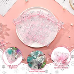 Roowest 100 Pcs Pink Christmas Snowflake Organza Gift Bags 4 x 6 Inch Small Mesh Jewelry Pouches Mini Drawstring Candy Bags Goody Bag Organza Favor Bags for Christmas, Winter Party, Jewelry, Festival