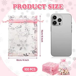 Roowest 100 Pcs Pink Christmas Snowflake Organza Gift Bags 4 x 6 Inch Small Mesh Jewelry Pouches Mini Drawstring Candy Bags Goody Bag Organza Favor Bags for Christmas, Winter Party, Jewelry, Festival