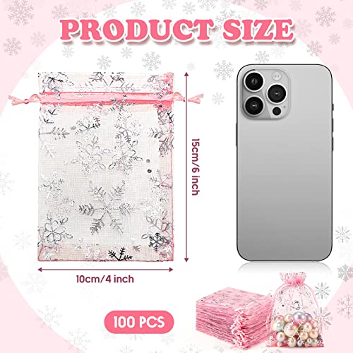 Roowest 100 Pcs Pink Christmas Snowflake Organza Gift Bags 4 x 6 Inch Small Mesh Jewelry Pouches Mini Drawstring Candy Bags Goody Bag Organza Favor Bags for Christmas, Winter Party, Jewelry, Festival