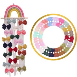 boho macrame bow holder & 20 colors linen pigtail bows | wall hanging hair clip headband rainbow hanger organizer piggy pig tails barrettes (rainbow a)