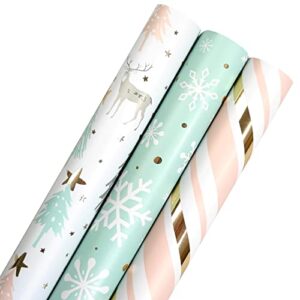 ldgooael mini short small christmas wrapping paper roll with cut lines on reverse (17″ x 120″ per roll) – peachy pink & mint blue – snowflakes, reindeer for holiday, birthday, wedding, baby shower