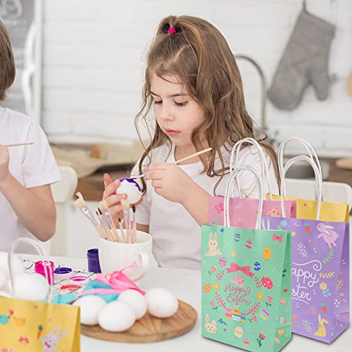 24PCS Easter Gift Bags, Easter Treat Bags with Handle,Easter Party Favor Bags, Easter Bunny Gift Bags Decorated with Happy Easter Egg Hunt and Chicks Pattern for Kids Spring Party