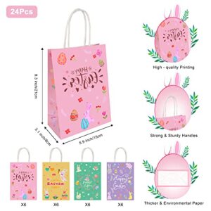 24PCS Easter Gift Bags, Easter Treat Bags with Handle,Easter Party Favor Bags, Easter Bunny Gift Bags Decorated with Happy Easter Egg Hunt and Chicks Pattern for Kids Spring Party