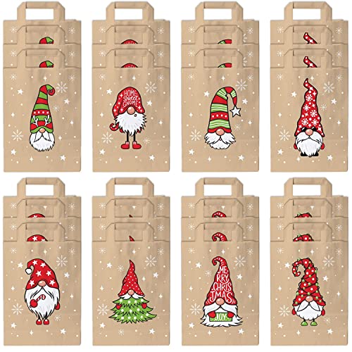 24 Piece Small Christmas Gift Bags - Brown Gift Bags with Handles, Durable Kraft Paper Gift Bag with Christmas Themes of Funny, Goofy Elfs