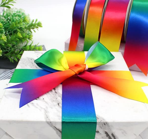 Dark Rainbow Satin Ribbon Double Face Curling Ribbons for Crafts, Wreath, Gift Wrapping, Home Decor, Party, 1'' 10 Yards