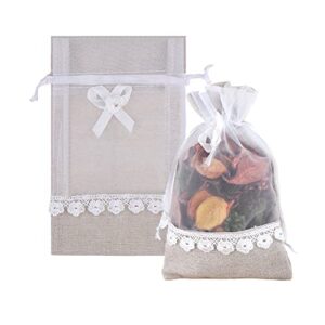 sumdirect rose drawstring burlap bags – 20pcs lace jute organza favor gift bags, sheer linen favor bags for wedding