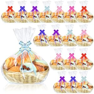 chengu 18 pcs basket empty gift basket food basket woven fruit basket with 48 colorful pull bows 30 clear gift bags crinkle cut paper shred filler for kitchen restaurant (7.9 x 7.9 x 2.8 inch, round)