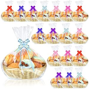 CHENGU 18 Pcs Basket Empty Gift Basket Food Basket Woven Fruit Basket with 48 Colorful Pull Bows 30 Clear Gift Bags Crinkle Cut Paper Shred Filler for Kitchen Restaurant (7.9 x 7.9 x 2.8 Inch, Round)