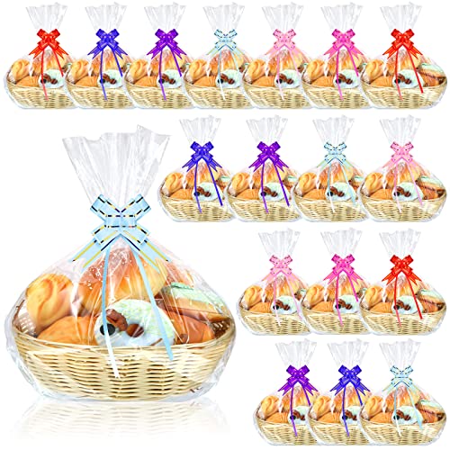 CHENGU 18 Pcs Basket Empty Gift Basket Food Basket Woven Fruit Basket with 48 Colorful Pull Bows 30 Clear Gift Bags Crinkle Cut Paper Shred Filler for Kitchen Restaurant (7.9 x 7.9 x 2.8 Inch, Round)